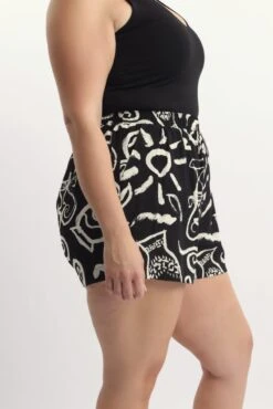 Black Abstract Elastic Waist Linen Blend Shorts -You And All Fashion Store cbt4383x 10a abstract 3