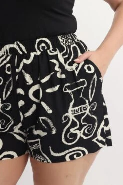 Black Abstract Elastic Waist Linen Blend Shorts -You And All Fashion Store cbt4383x 10a abstract 5