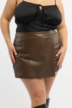 Brown Faux Leather Wrap Skort Shorts