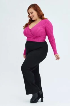 Black Knit Pants Rib Wide Leg Elastic Waist Full Length -You And All Fashion Store cbt5008 40ab black 4