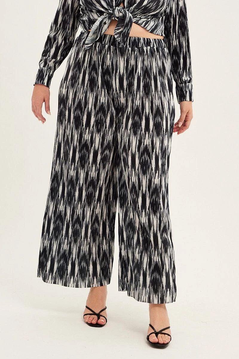 Black Print Plisse Pants Wide Leg High Rise 2 Black Print Plisse Pants Wide Leg High Rise - Image 2
