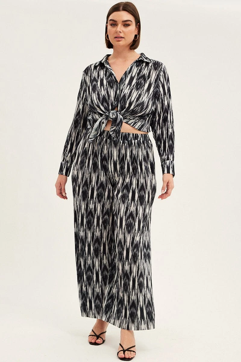 Black Print Plisse Pants Wide Leg High Rise 3 Black Print Plisse Pants Wide Leg High Rise - Image 3