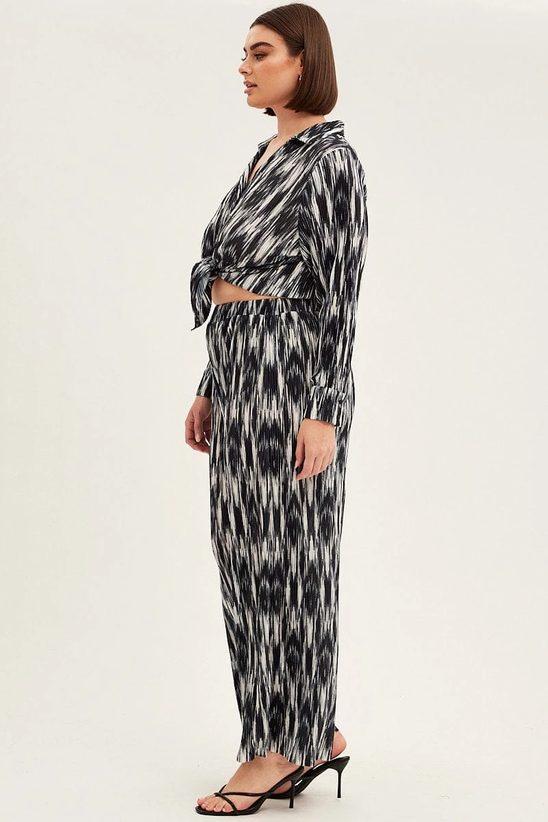 Black Print Plisse Pants Wide Leg High Rise 4 Black Print Plisse Pants Wide Leg High Rise - Image 4