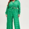 Green Plisse Pants Wide Leg High Rise