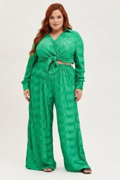 Green Plisse Pants Wide Leg High Rise