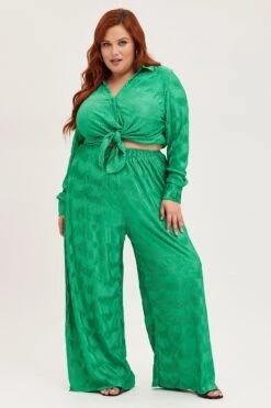 Green Plisse Pants Wide Leg High Rise -You And All Fashion Store cbt8224x 36p green 3 2