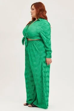 Green Plisse Pants Wide Leg High Rise -You And All Fashion Store cbt8224x 36p green 4 2