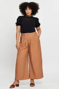 Beige Wide Leg Pants High Rise Pleated