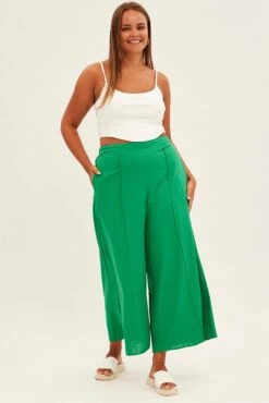 Green Wide Leg Pants High Rise Linen Blend -You And All Fashion Store cbt8404 46pb green 3