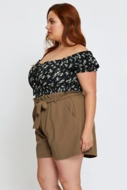 Green Shorts High Rise Elastic Waist -You And All Fashion Store cbt9375 34b khaki 4