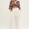 White Wide Leg Pant Flat Front Elastic Back Linen Blend