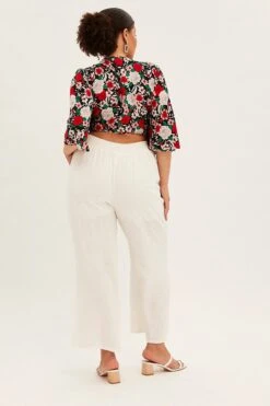 White Wide Leg Pant Flat Front Elastic Back Linen Blend -You And All Fashion Store cbtk31793 38a white 5