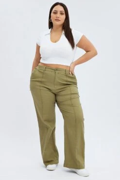 Green Wideleg Pants Seam Front Cotton -You And All Fashion Store cbtk31833 10a khaki 3