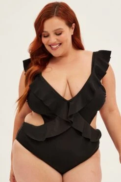 Black Frill Detail One Piece Swimsuit