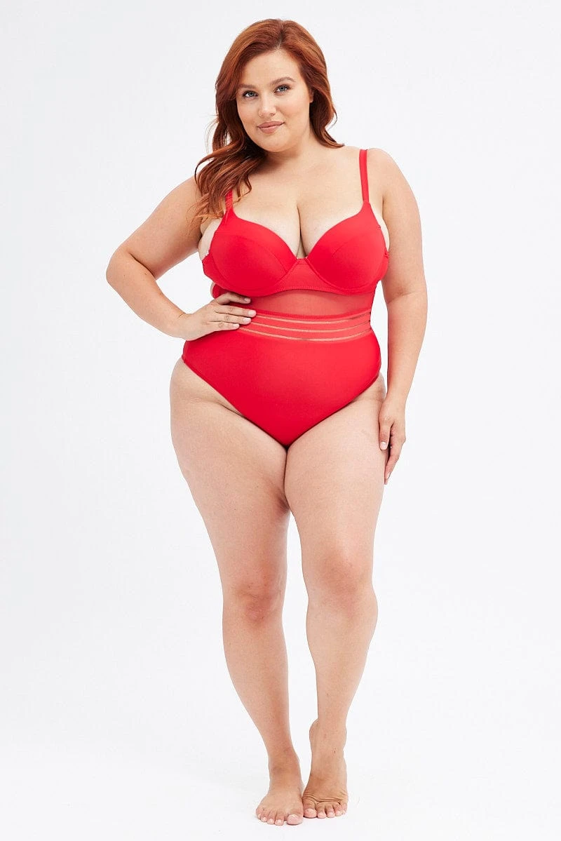 Red Mesh Patchwork One Piece Swimsuit 2 Red Mesh Patchwork One Piece Swimsuit - Image 2