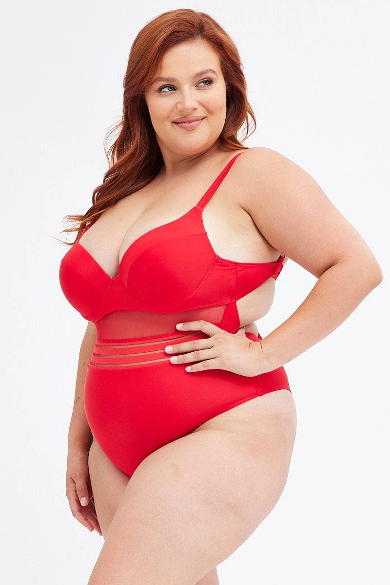 Red Mesh Patchwork One Piece Swimsuit 4 Red Mesh Patchwork One Piece Swimsuit - Image 4