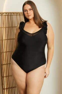 Black Frill Strap One Piece Swimsuit