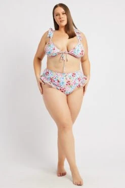 Multi Floral Frilly Bikini Set With Bow Detail