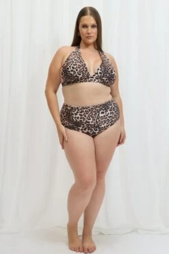 Brown Animal Print Leopard Print Halter Triangle Bikini Set
