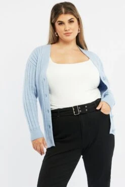 Blue Oversized Knit Rib Cardigan