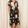 Black Floral Maxi Dress Short Sleeve Wrap Front Tiered