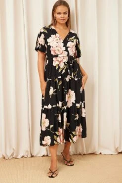 Black Floral Maxi Dress Short Sleeve Wrap Front Tiered -You And All Fashion Store cdd0061r 36rb floral 3
