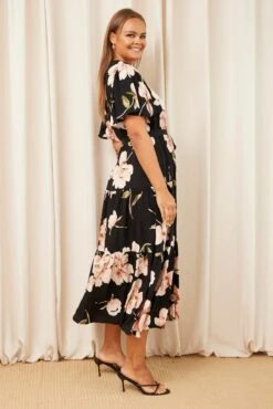 Black Floral Maxi Dress Short Sleeve Wrap Front Tiered -You And All Fashion Store cdd0061r 36rb floral 4