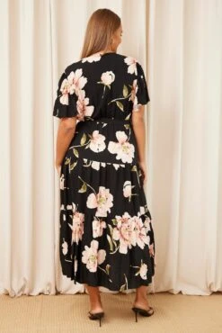 Black Floral Maxi Dress Short Sleeve Wrap Front Tiered -You And All Fashion Store cdd0061r 36rb floral 5