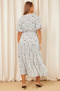 White Animal Print Maxi Dress Short Sleeve Wrap Front Tiered -You And All Fashion Store cdd0061s 36rb animal pri 5