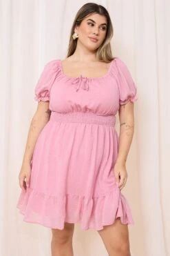 Pink Shirred Waist Frill Hem Minidress