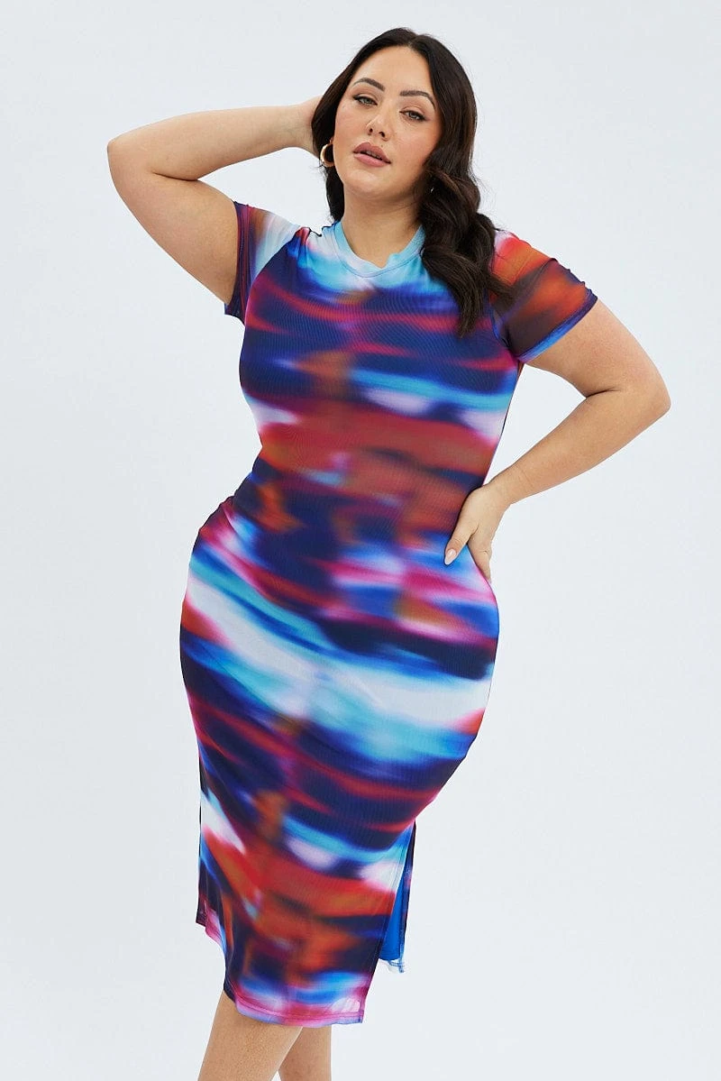 Multi Abstract Maxi Dress Mesh Cap Sleeve Bodycon 1 Multi Abstract Maxi Dress Mesh Cap Sleeve Bodycon