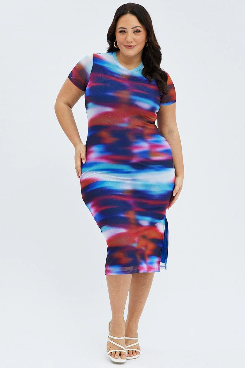 Multi Abstract Maxi Dress Mesh Cap Sleeve Bodycon 2 Multi Abstract Maxi Dress Mesh Cap Sleeve Bodycon - Image 2