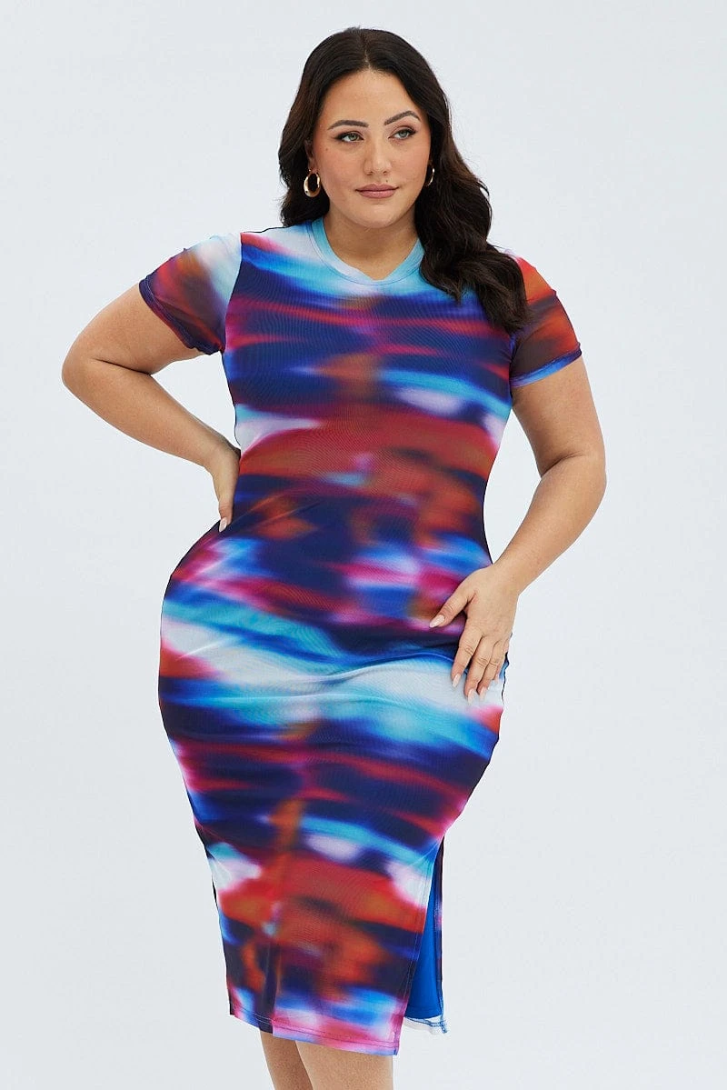 Multi Abstract Maxi Dress Mesh Cap Sleeve Bodycon 3 Multi Abstract Maxi Dress Mesh Cap Sleeve Bodycon - Image 3