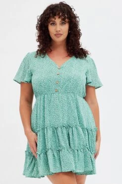 Green Ditsy Fit And Flare Dress Short Sleeve V-neck Tiered -You And All Fashion Store cdd0164d 33r ditsy 3