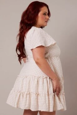 Beige Check Fit And Flare Dress Short Sleeve Front Button -You And All Fashion Store cdd0164u 33rb check 4