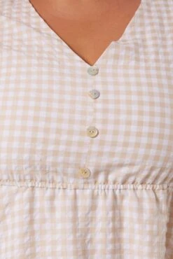 Beige Check Fit And Flare Dress Short Sleeve Front Button -You And All Fashion Store cdd0164u 33rb check 6