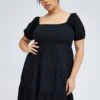 Black Mini Dress Tiered Shirred Bust Puff Sleeve