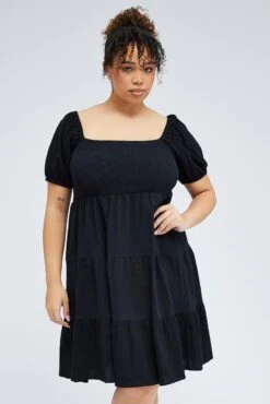 Black Mini Dress Tiered Shirred Bust Puff Sleeve -You And All Fashion Store cdd0330 33a black 3