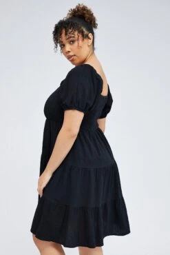Black Mini Dress Tiered Shirred Bust Puff Sleeve -You And All Fashion Store cdd0330 33a black 4