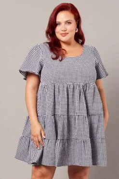 Black Check Smock Dress Flare Sleeve Tiered Round Neck -You And All Fashion Store cdd1001n 35ab check 3