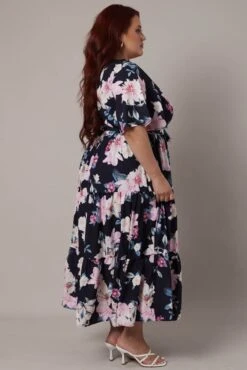 Black Floral Midi Dress Short Sleeve Wrap Front Tiered -You And All Fashion Store cdd1001s 35r floral 4