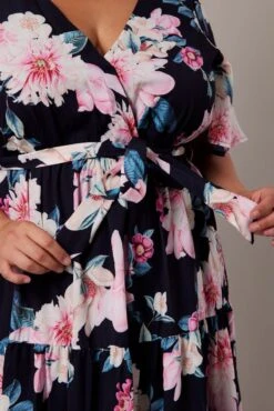 Black Floral Midi Dress Short Sleeve Wrap Front Tiered -You And All Fashion Store cdd1001s 35r floral 6