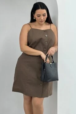 Brown Button Through Linen Cotton Fitted Minidress
