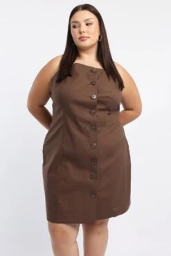 Brown Button Through Linen Cotton Fitted Minidress -You And All Fashion Store cdd1002 116ab chocolate 3