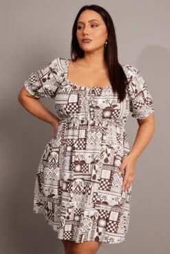 Brown Abstract Mini Dress Puff Sleeve Linen Blend -You And All Fashion Store cdd1023h 36a abstract 3