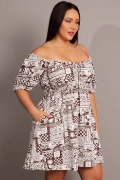 Brown Abstract Mini Dress Puff Sleeve Linen Blend -You And All Fashion Store cdd1023h 36a abstract 4