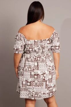 Brown Abstract Mini Dress Puff Sleeve Linen Blend -You And All Fashion Store cdd1023h 36a abstract 5