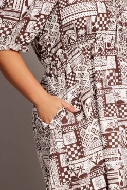 Brown Abstract Mini Dress Puff Sleeve Linen Blend -You And All Fashion Store cdd1023h 36a abstract 6