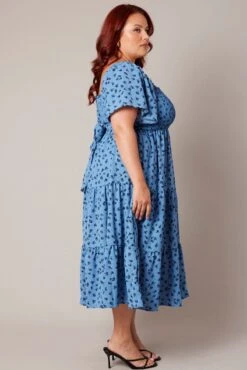 Blue Ditsy Midi Dress Short Sleeve Tiered Tie Back -You And All Fashion Store cdd1041y 33r ditsy 4
