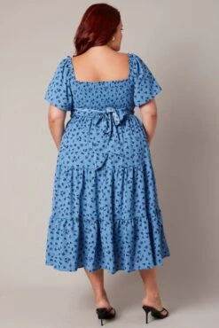 Blue Ditsy Midi Dress Short Sleeve Tiered Tie Back -You And All Fashion Store cdd1041y 33r ditsy 5